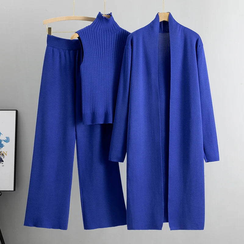 Aravelle Three-Piece Knit Co-Ord Set – Ribbed High Neck Top, Longline Cardigan and Wide-Leg Trousers