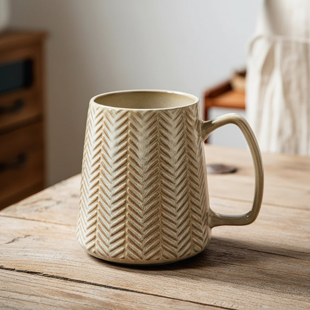 Wheat Weave Embossed Ceramic Mug with Wooden Lid & Spoon