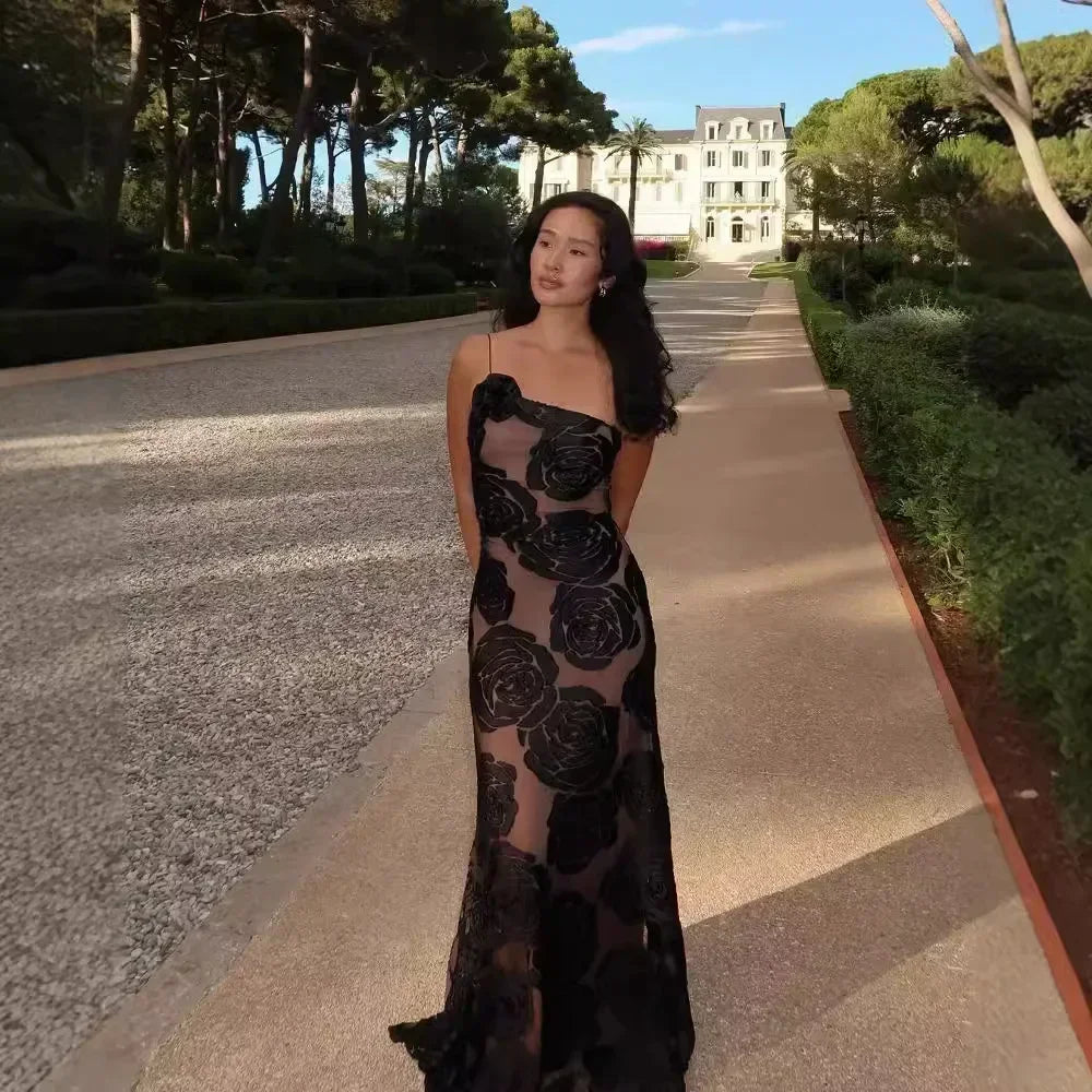 Roselisse One Shoulder Rose Appliqué Mesh Maxi Dress – Black Floral Evening Gown for Wedding Guest & Partywear