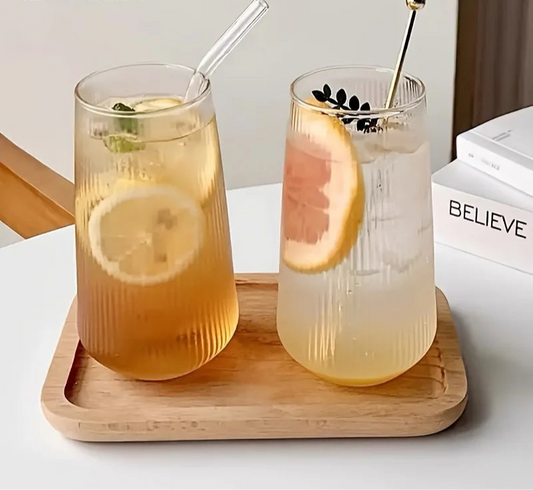 Ribbed Drink Glass Cups with Bamboo Lid & Glass Straw – 2 - Piece Reusable Tumbler Set