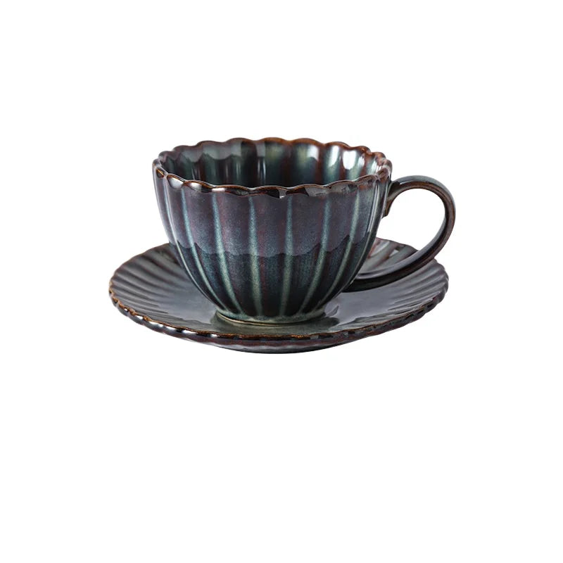 Aurevian Ribbed Coffee and Tea Cup and Saucer Set – Textured Ceramic Cup 200ml Signature Tableware