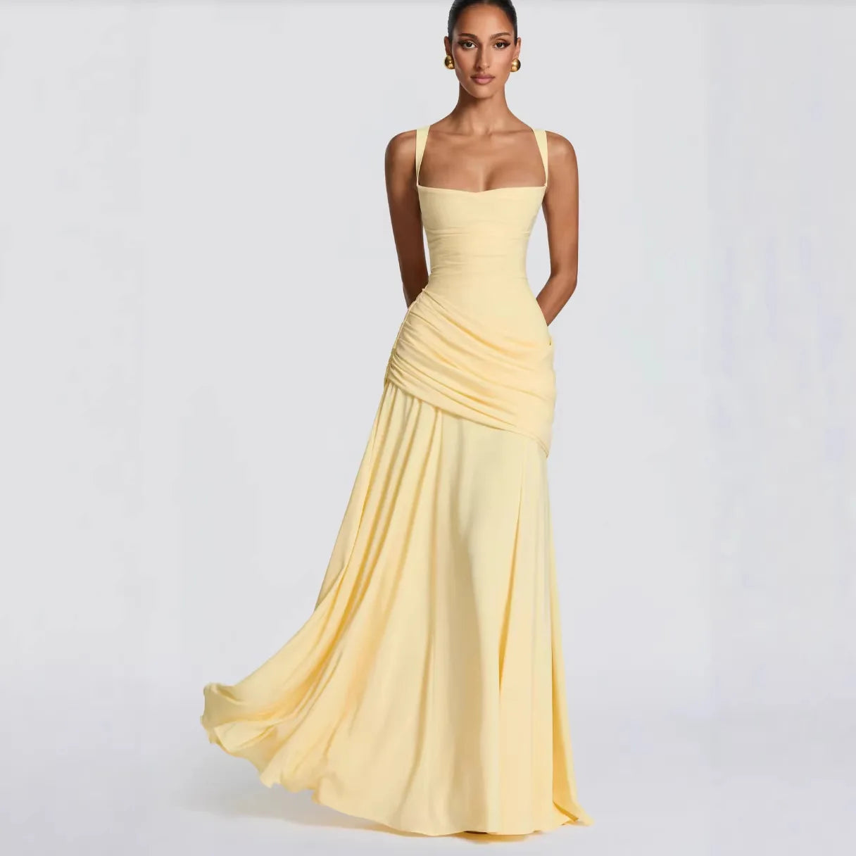 Carmela Ruched Draped - Yellow Maxi Dress