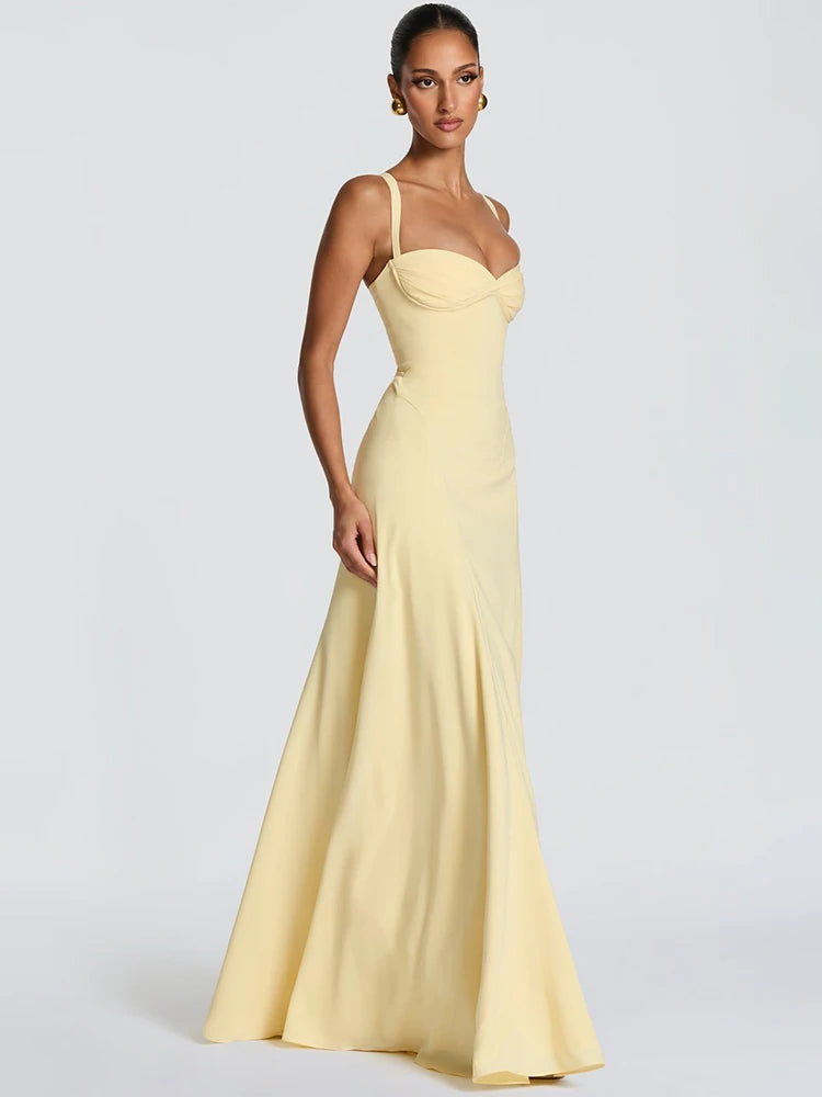 Zavelle Strappy Maxi Dress – Sweetheart Neckline Backless Yellow Occasion Dress