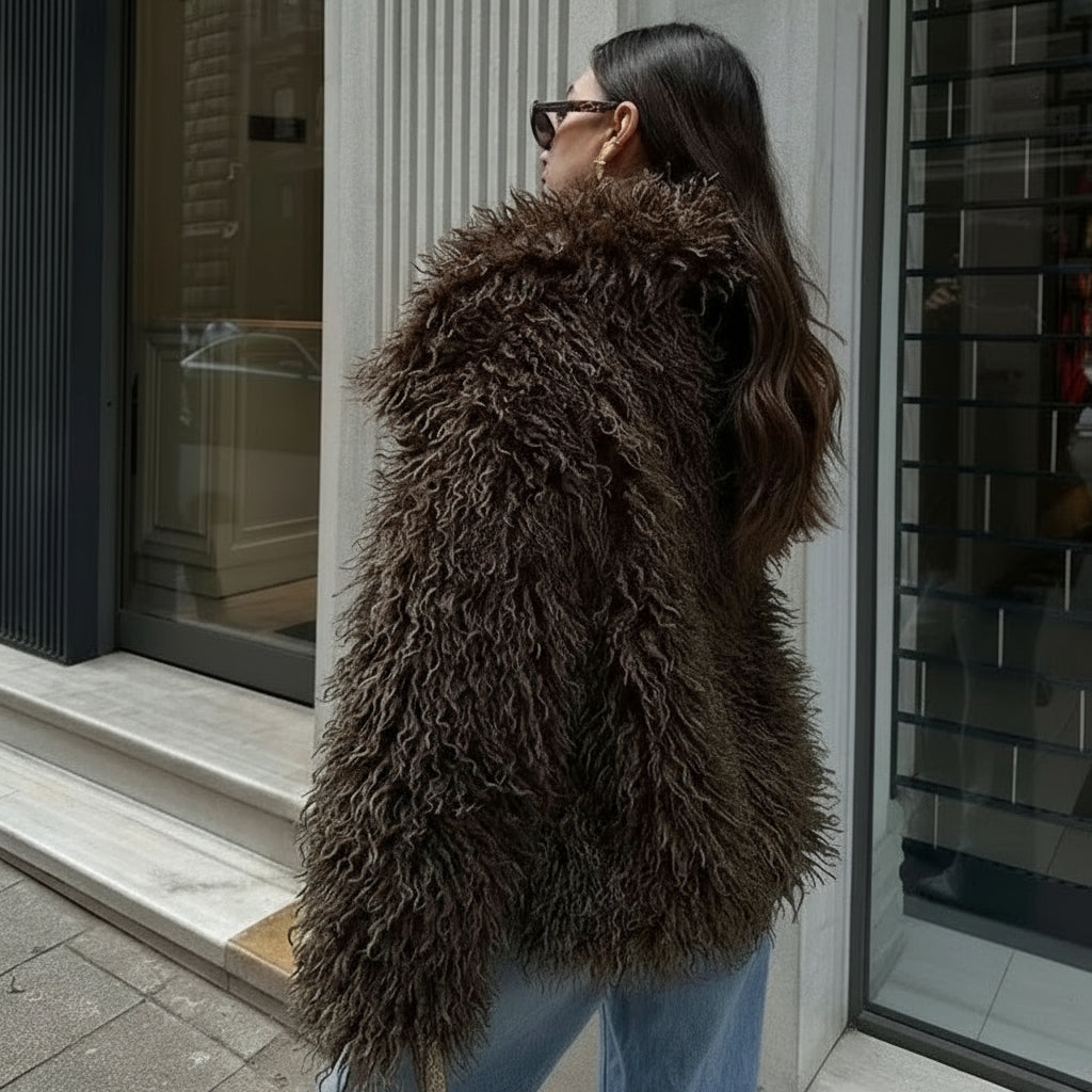 Elarra Faux Fur Shaggy Jacket – Women’s Oversized Mongolian Style Coat for Autumn Winter Outfits
