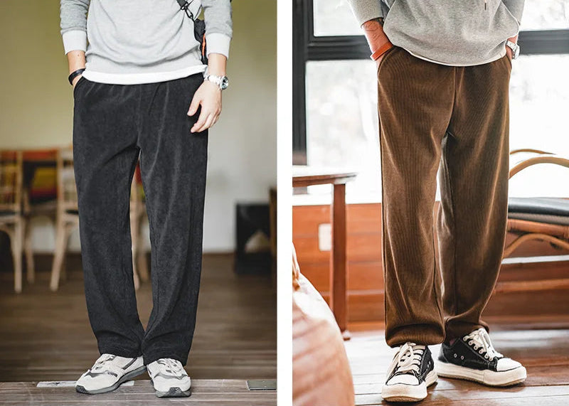 Rowan Men’s Straight Leg Corduroy Trousers – Relaxed Fit Elastic Waist Smart Casual Trousers