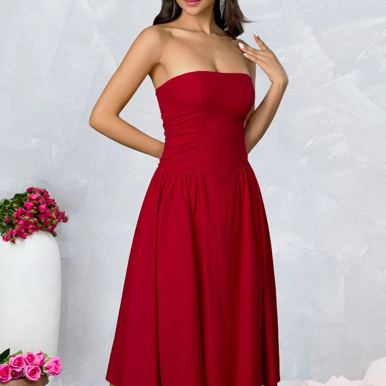 Selaris Strapless Fit and Flare Midi Dress – Strapless Evening Midi Occasion Dress for Women