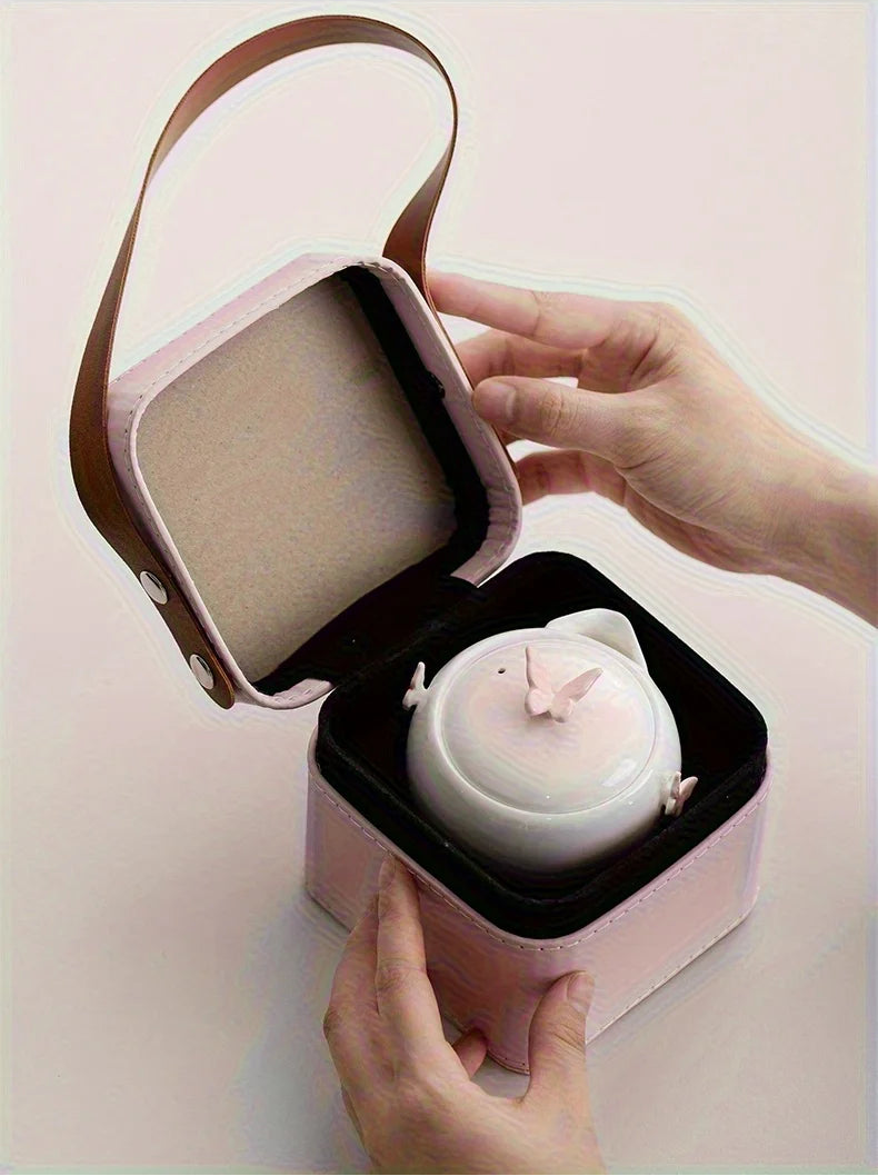 Butterfly Ceramic Travel Tea Set with Carry Case – Portable Teapot & Cups Gift Set for Home, Office and Outdoor Tea Lovers