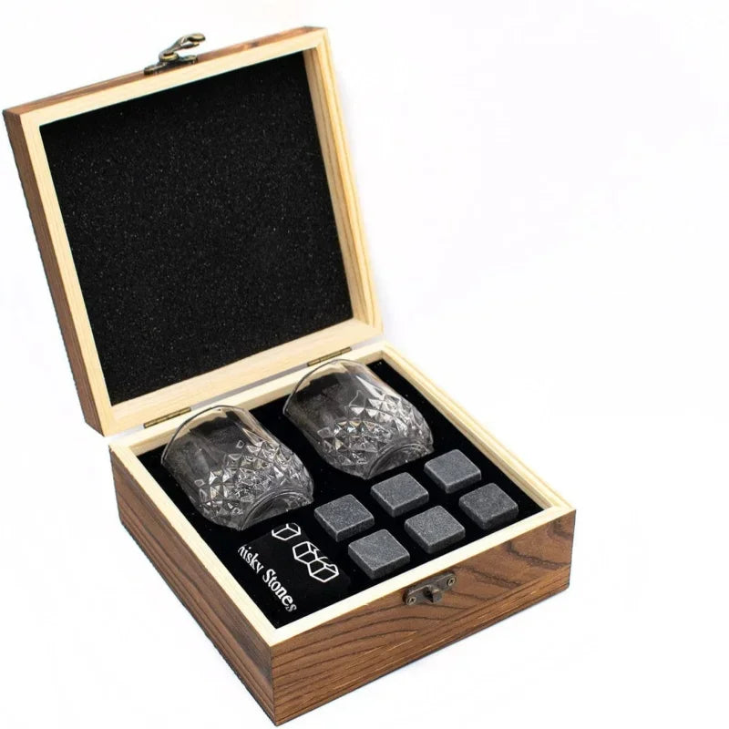 Aurello Whiskey Glass Gift Set – Crystal Glasses with Whiskey Stones & Wooden Box