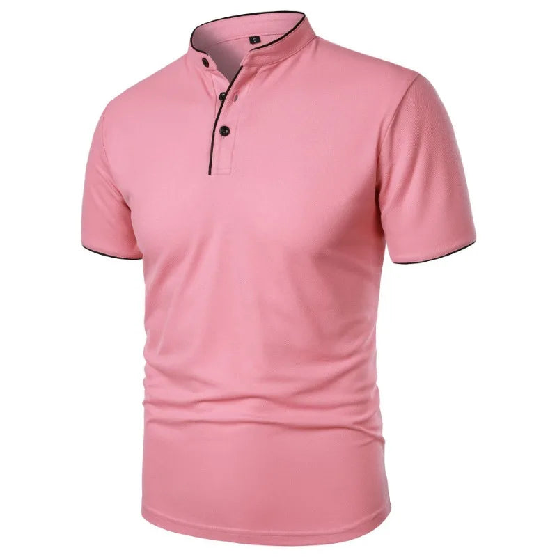 Men’s Mandarin Collar Polo Shirt – Short Sleeve Casual Buttoned Tee in 9 Colours for Everyday Comfort