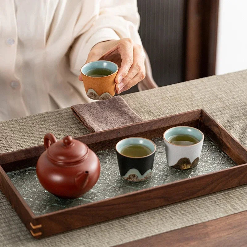 Mountain Landscape Ceramic Tea Cup Gift Set – 3-Piece Handmade Cups with Traditional Art Gift Box