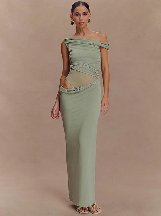 Marcelle One Shoulder Ruched Mesh Cut Out Maxi Dress – Black or Sage Green Summer Bodycon Gown