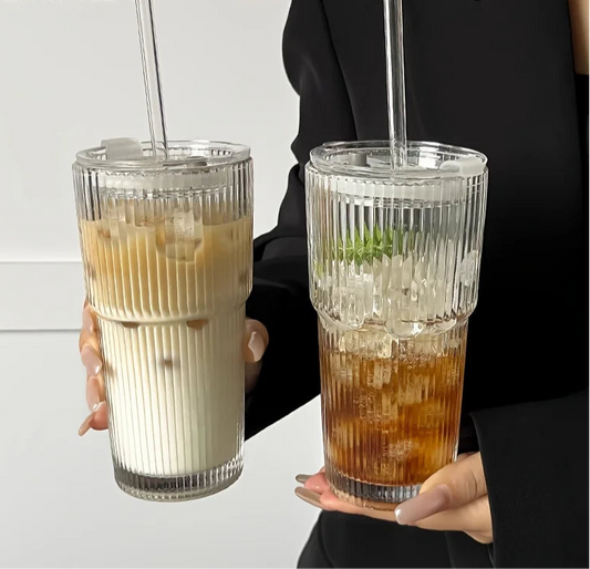 Ribbed Glass Tumbler with Straw & Lid – Large Iced Coffee Cup or for Cold Drinks