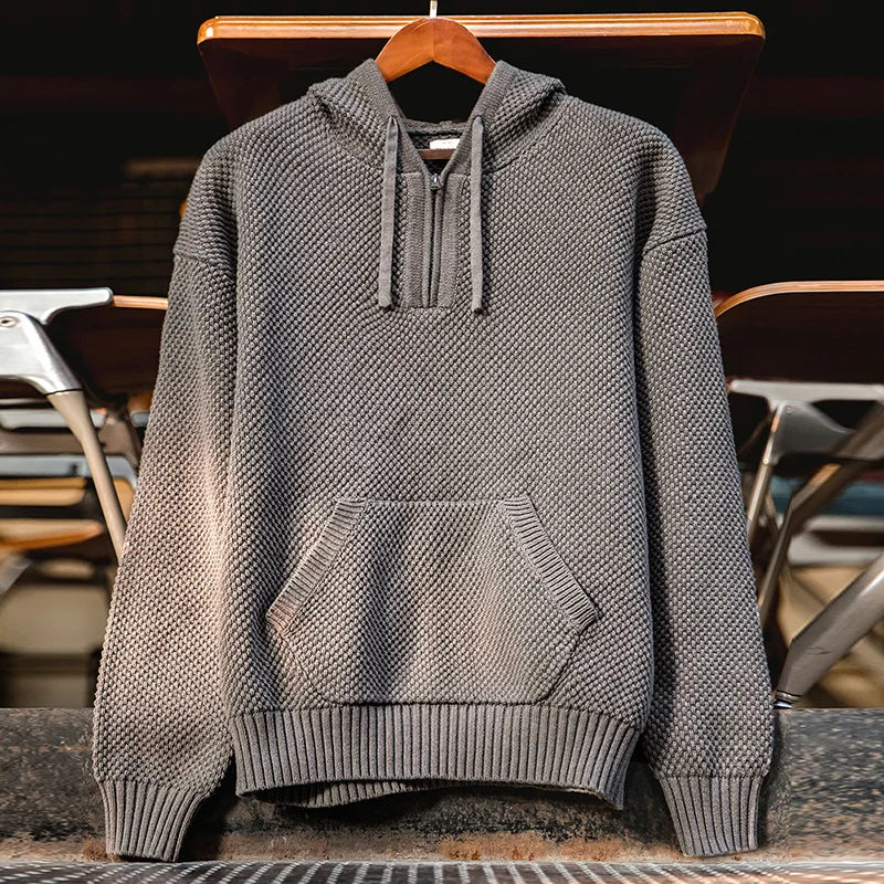 Calverton Zip Front Knit Hoodie – Men’s Textured Half-Zip Hooded Pullover Jumper