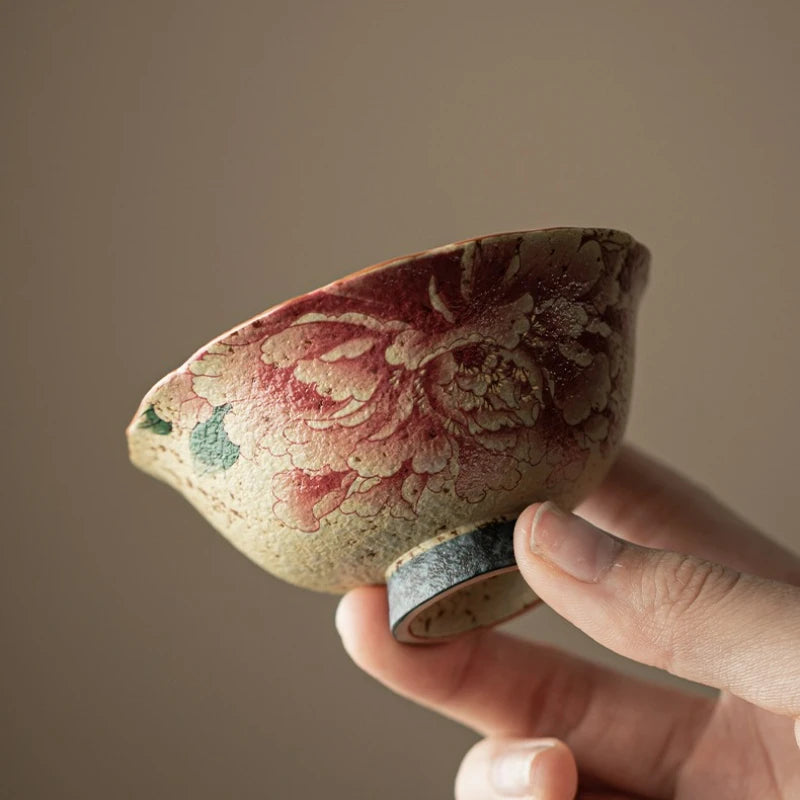 Meihua Handmade Ceramic Tea Cup – Vintage Floral Teacup for Green Tea & Herbal Tea