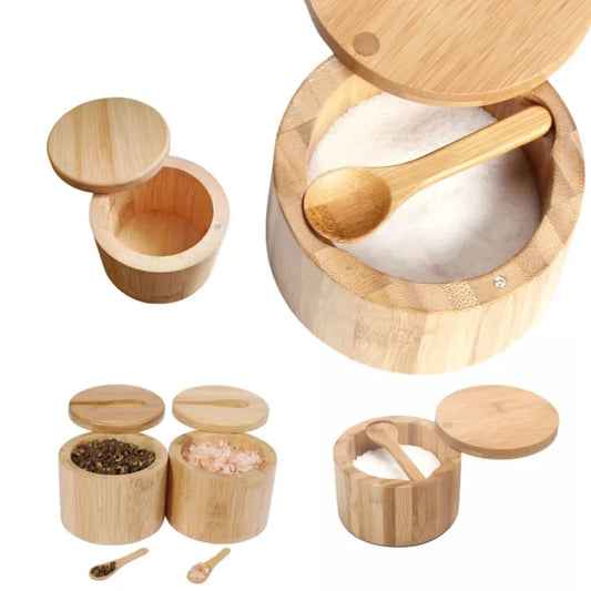 Bramwell Bamboo Salt Cellar with Swivel Lid & Spoon – Wooden Seasoning Container