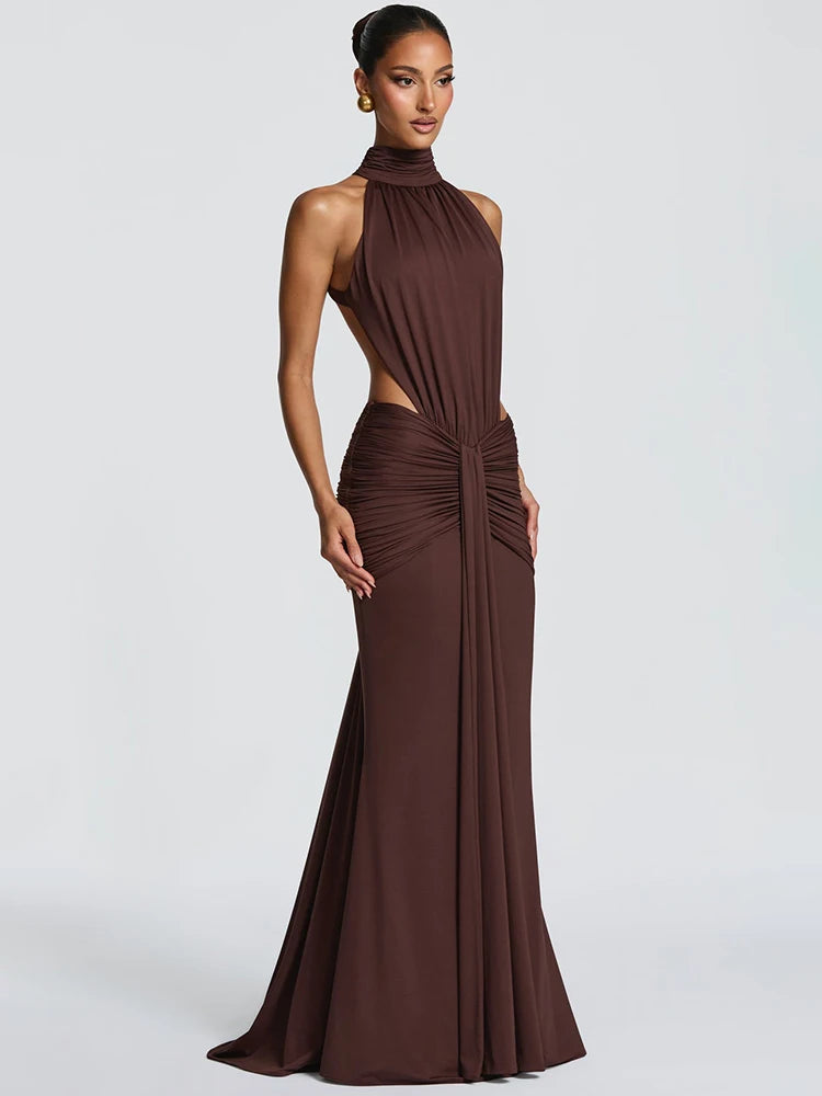 Elvaria High Neck Backless Ruched Bodycon Maxi Dress – Evening, Party & Wedding Guest Gown
