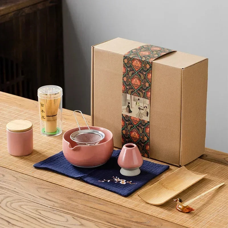 Traditional Japanese Matcha Set – 9 Piece Tea Ceremony Gift Box with Bowl, Whisk & Accessories (Pink, Green, White)