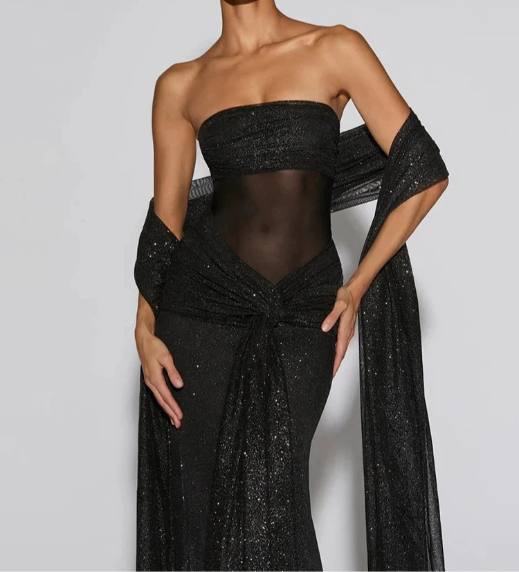 Soreina Strapless Glitter Maxi Dress – Black Tie Bodycon Gown with Drape Detail for Formal Parties & Evening Wear