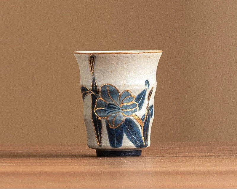 Lily Bloom Hand-Painted Ceramic Tea Cup – Blue Floral Matcha Cup, Espresso Cup, Loose Leaf Tea Cup, Decorative Tea Bowl