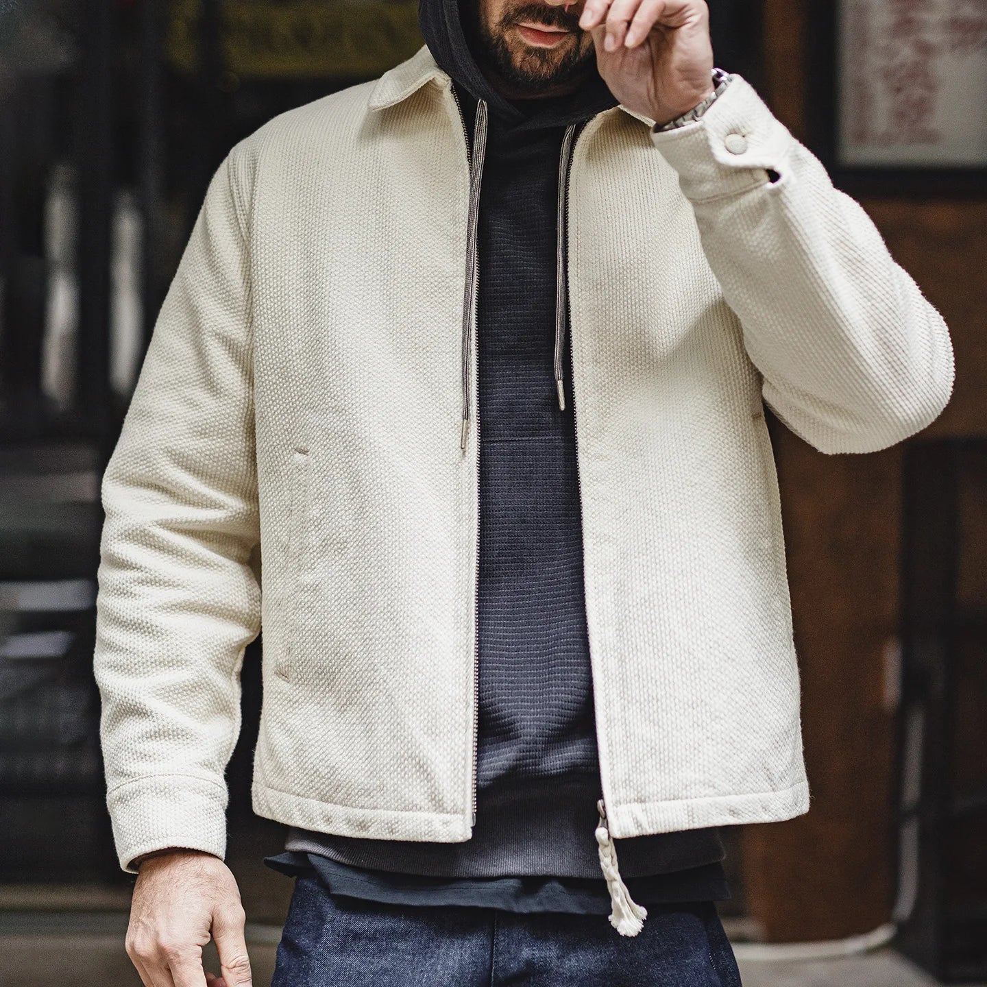 Brenton Men’s Ecru Cotton Zip Jacket – Heavyweight Textured Jacket with Turn-Down Collar