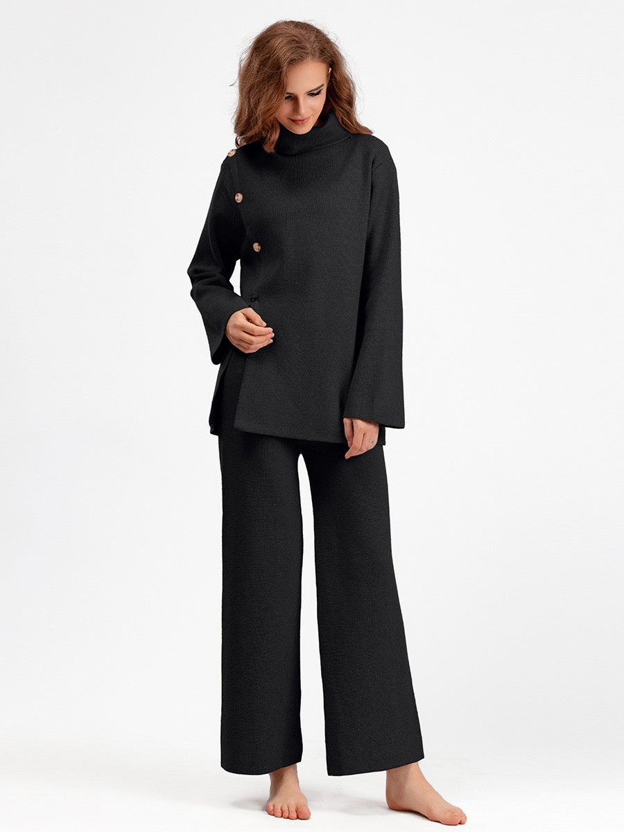 Selara Button Detail Knit Co-Ord Set – Women’s Knitted Lounge Two-Piece with High Neck and Wide Sleeve Top
