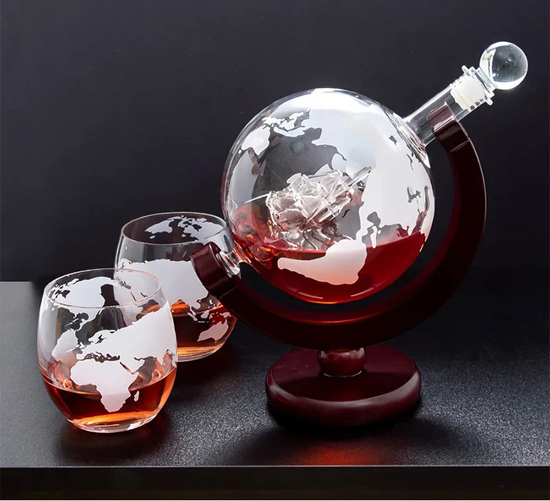 Globe Whiskey Decanter Set with Glasses – Etched Glass World Map Decanter on Wooden Stand
