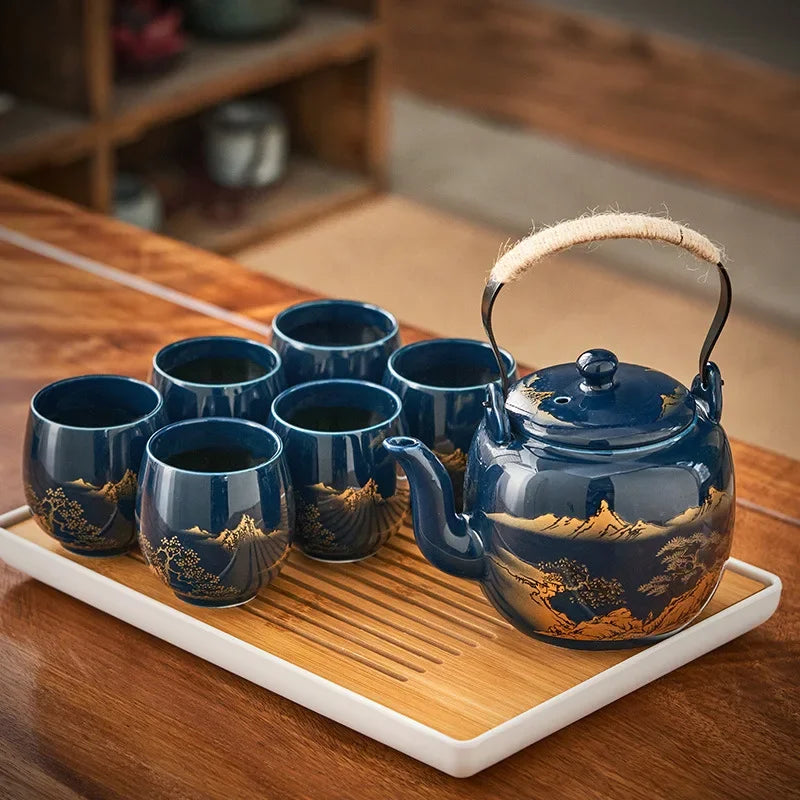 Luxury Ceramic Teapot and Cup Set with Bamboo Handle – Premium Japanese Style Tea Set for Home Entertaining & Perfect Gifting