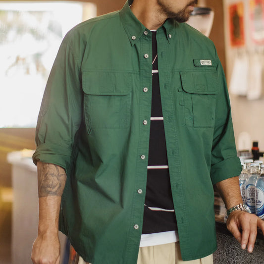 Brentwell Men’s Green Cotton Overshirt – Long Sleeve Single-Breasted Loose Fit Utility Shirt Jacket