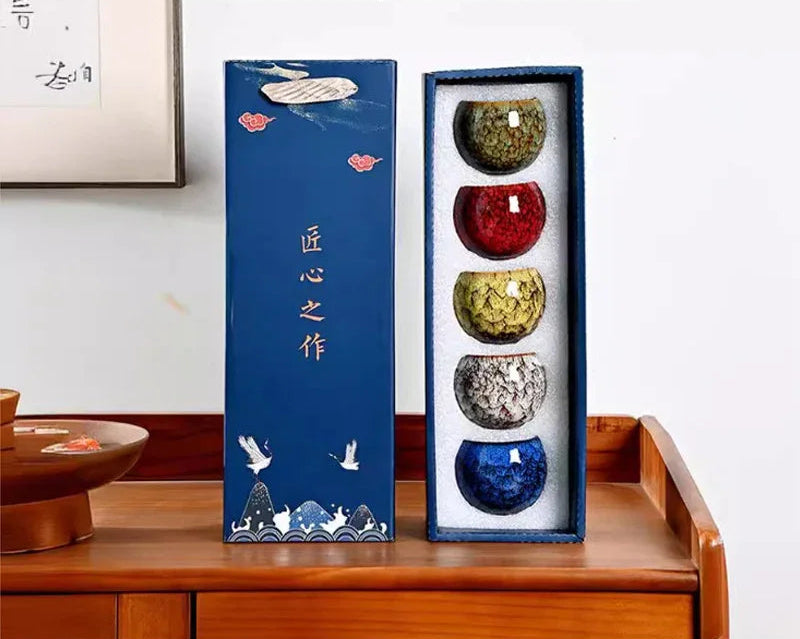 Traditional Ceramic Tea Cup Gift Set – 5 Assorted Glazed Cups in Decorative Gift Box