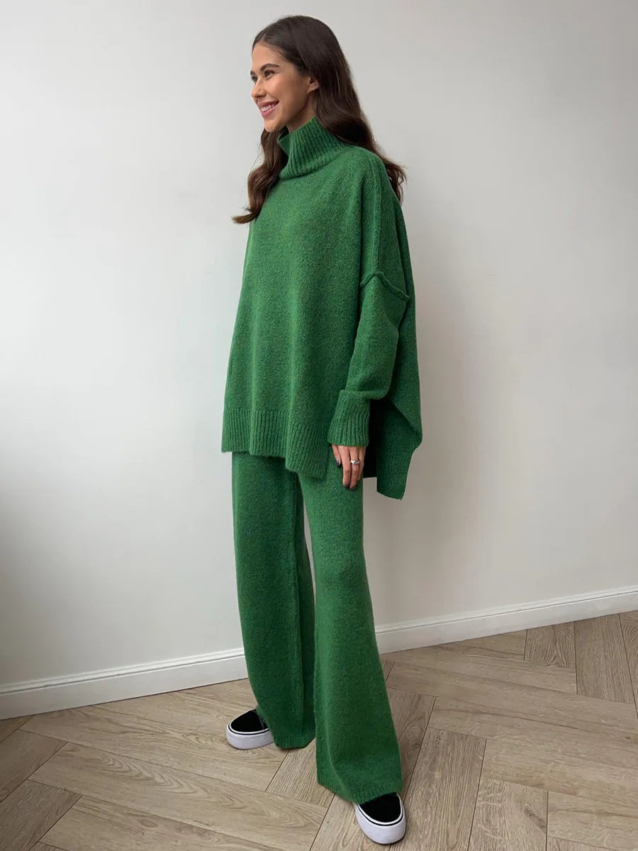 Taupe Knit Two-Piece Loungewear Set – High-Neck Jumper and Wide-Leg Trousers