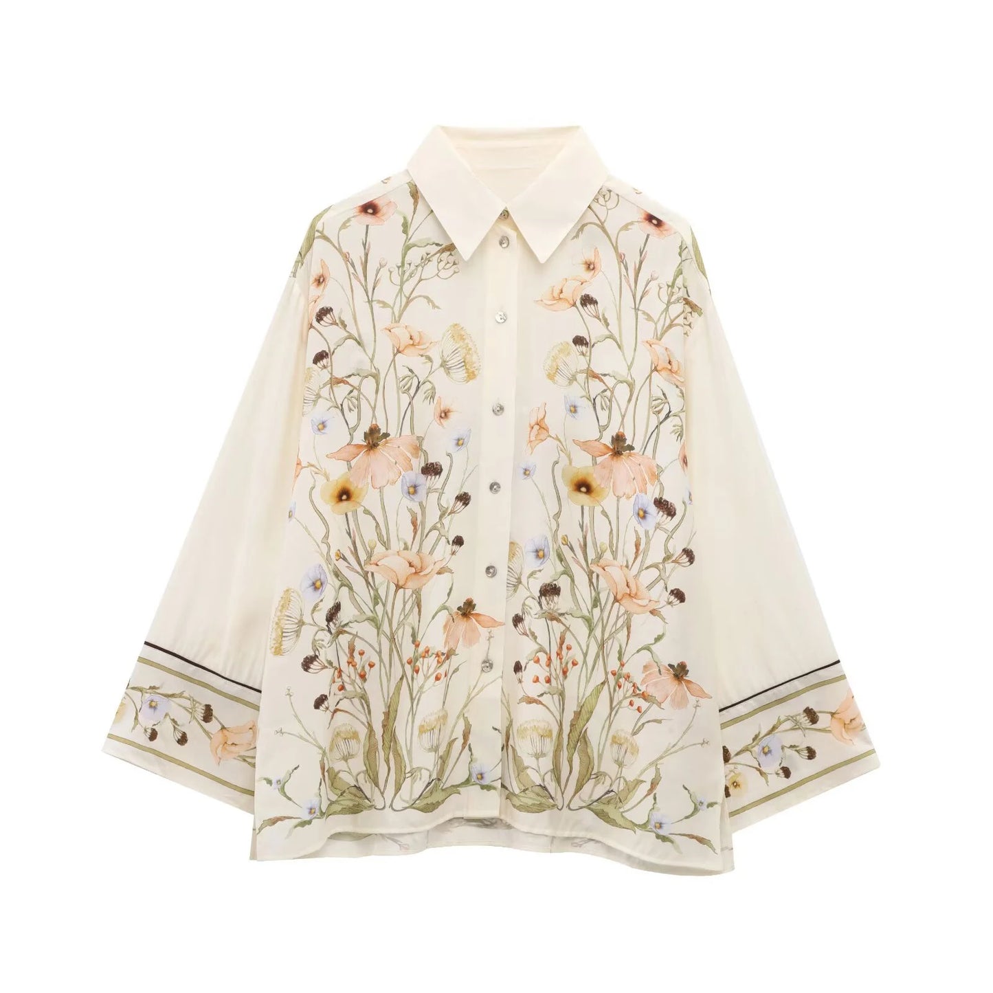 Florielle Two-Piece Wide-Leg Shirt and Trouser Co-Ord Set – Cream Floral Matching Outfit with Elastic Waist