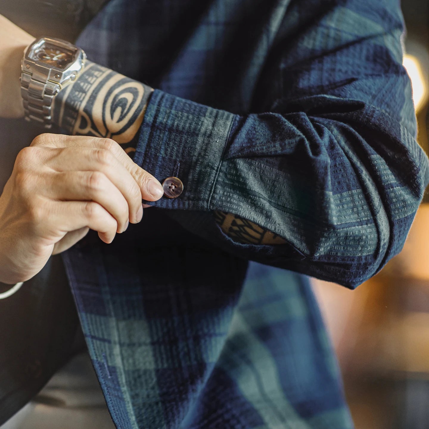 Denham Men’s Tartan Plaid Button-Up Shirt – Navy & Forest Green Long Sleeve Casual Check Shirt with Turn-Down Collar