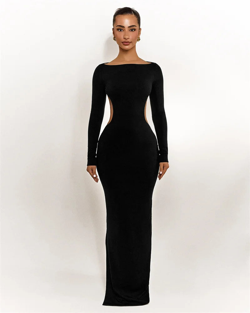 Naevia Long Sleeve Backless Maxi Dress – Open Back Bodycon Evening Gown with Bow Detail