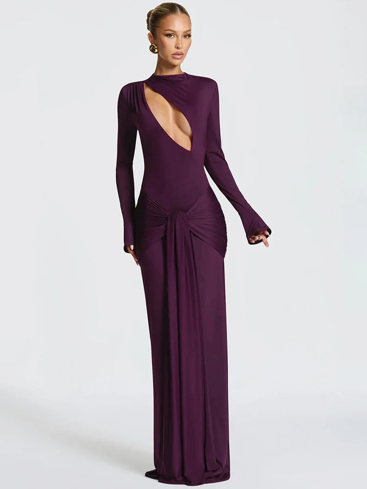 Elyndra Asymmetric Cut-Out Maxi Dress – Long Sleeve Draped Evening & Partywear Gown