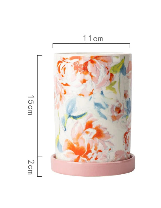 Florielle Ceramic Utensil Holder – Floral Kitchen Storage Jar with Removable Base Tray for Cutlery, Spoons and Countertop Organisation