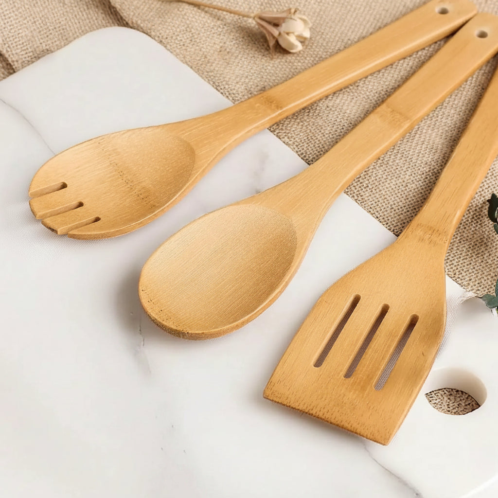 Bamboo Kitchen Utensil Set 6 Piece – Wooden Cooking Utensils, Non Stick Safe Spatula & Spoon Set