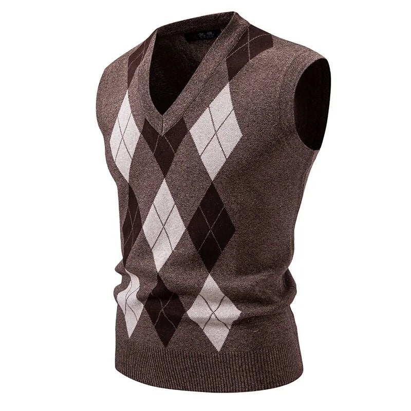 Men’s Argyle Knit Sleeveless Jumper Vest – Classic Diamond Pattern V-Neck Pullover