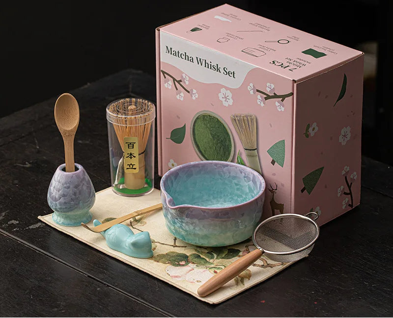 Hyoka Glaze Ceramic Matcha Tea Set – 4 Piece & 8 Piece Matcha Starter Kit, Matcha Bowl with Whisk, Scoop, Strainer and Accessories