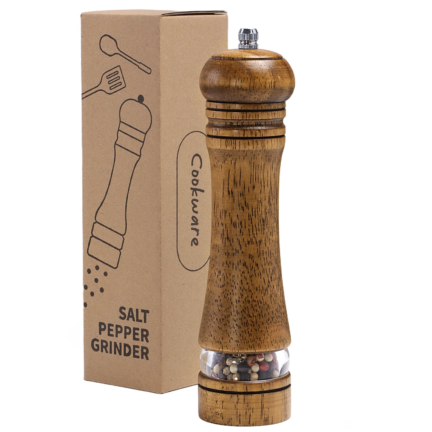 Premium Wooden Salt and Pepper Grinder Set – Adjustable Ceramic Mill with Clear Acrylic Window
