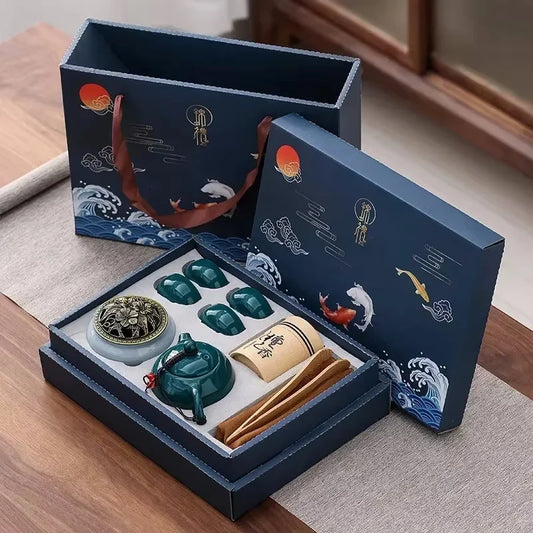 Ceramic Tea Set Gift Box with Teapot & Cups – Portable Travel Tea Brewing Kit