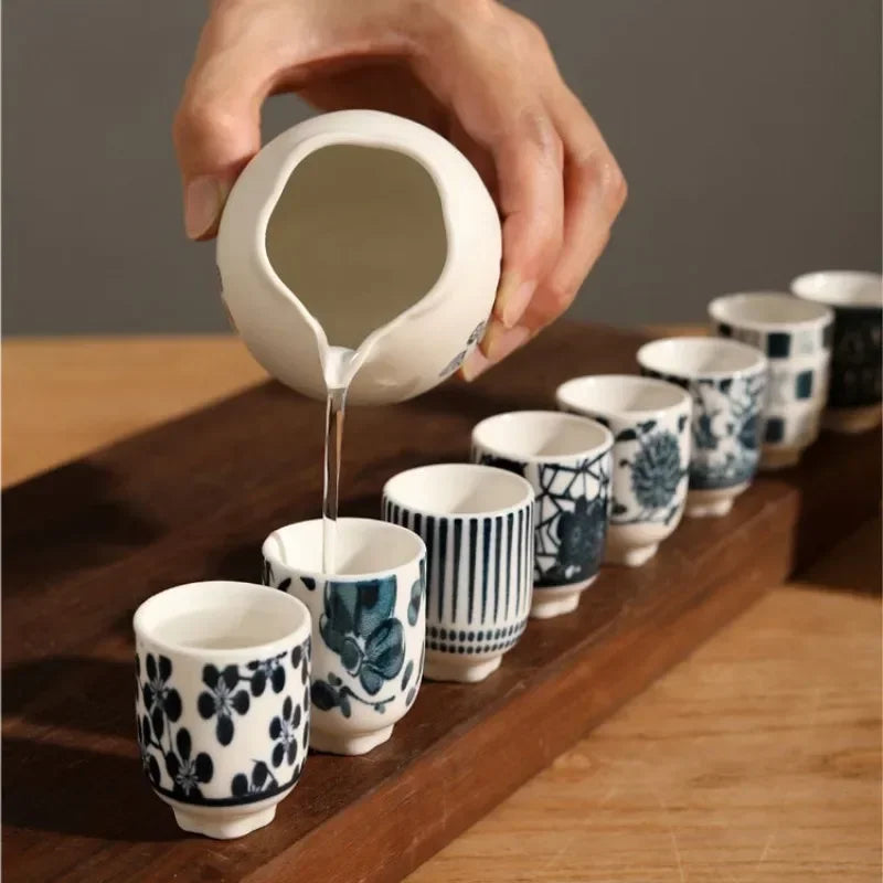 Imperial Sake Set with Ceramic Carafe – 9 Piece Black and White Tea Set Gift Box