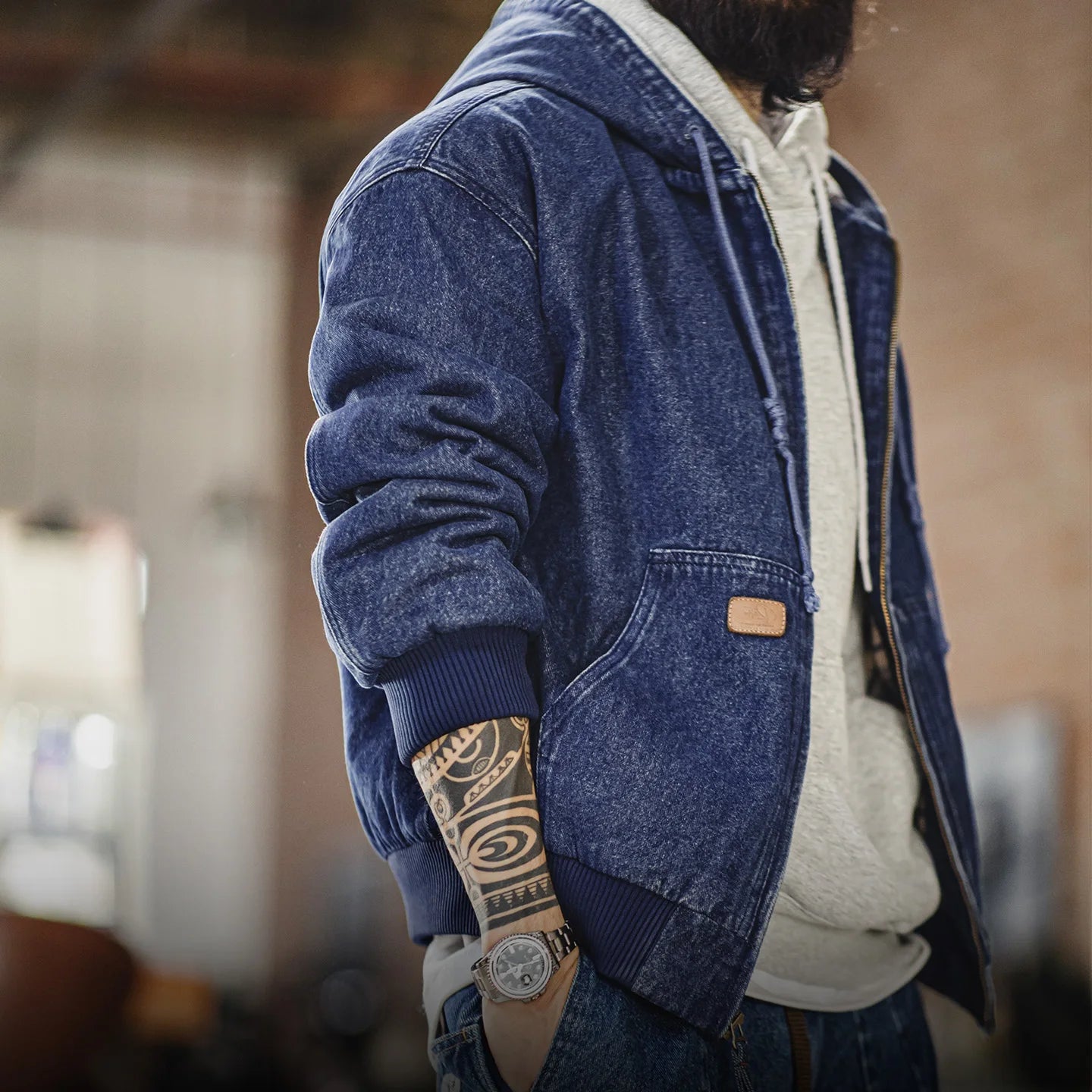 Halston Washed Denim Hooded Jacket – Men’s Lined Heavyweight Zip-Up Outerwear with Drawstring Hood and Inner Pocket