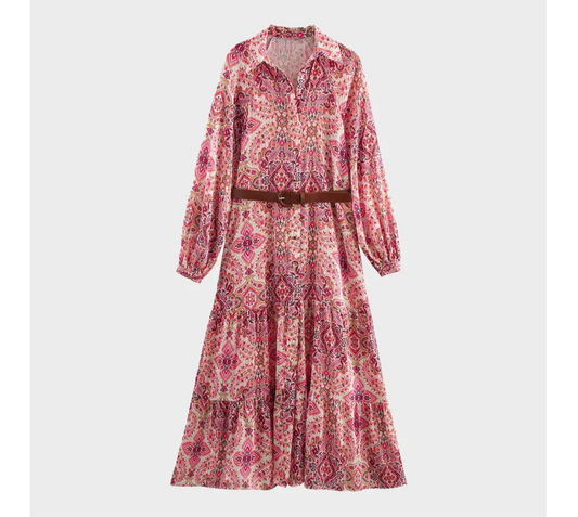 Maya Paisley Print Long Sleeve Maxi Shirt Dress – Chic Bohemian Day Dress