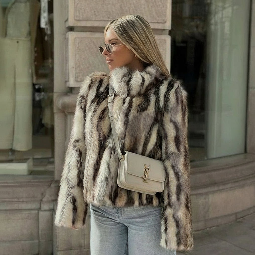 Novella Fur Faux Fur Zebra Print Coat – Statement Animal Print Faux Fur Jacket for Women
