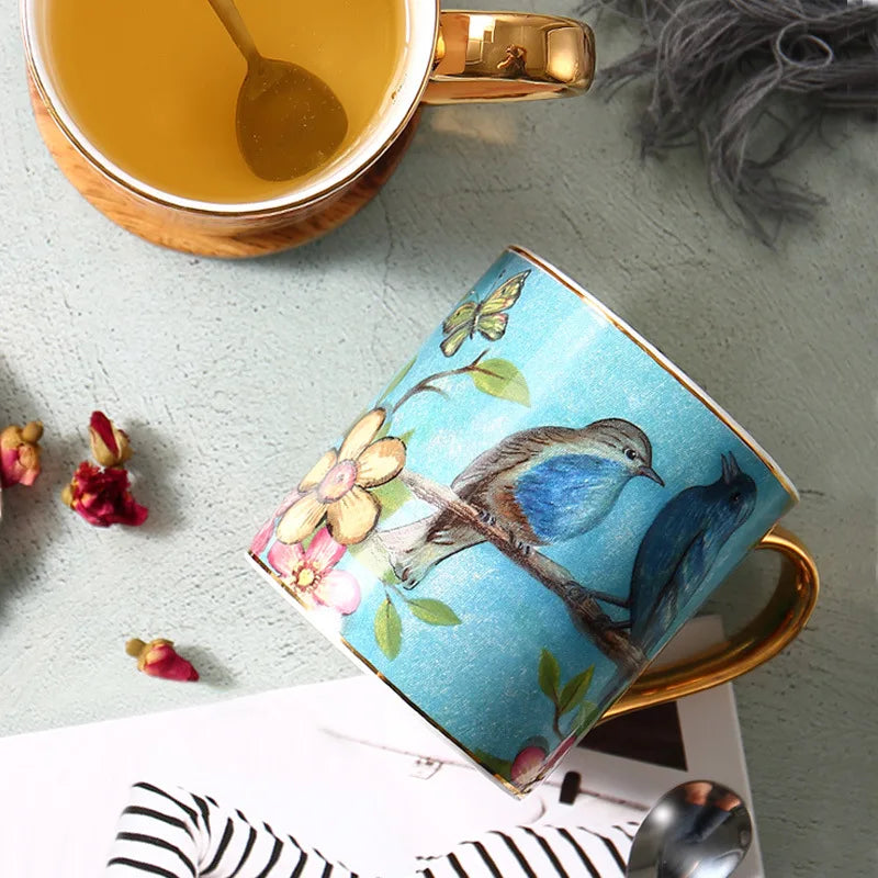 Avirel Bird Print Ceramic Mug – Gold Handle Tea & Coffee Cup