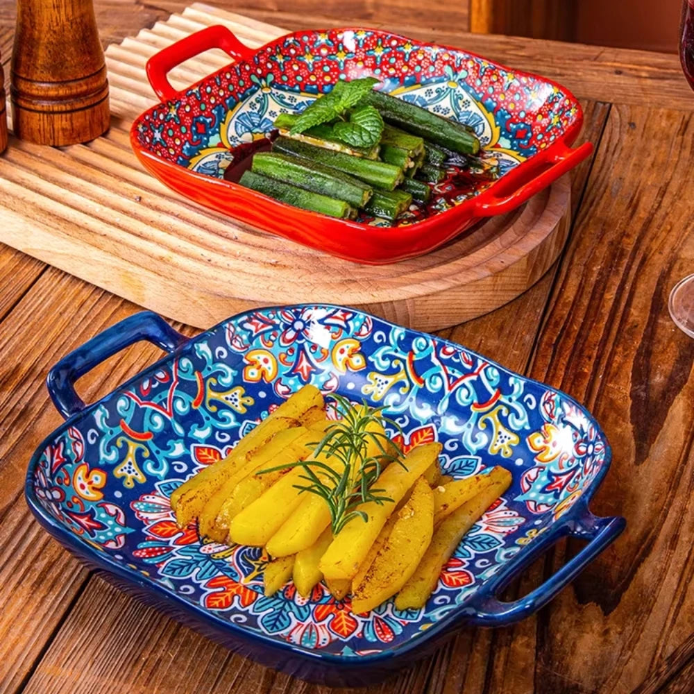 Cerelle Ceramic Oven Plate and Serving Dish with Handles – Decorative Baking Dish for Roasting Cooking and Dining Table