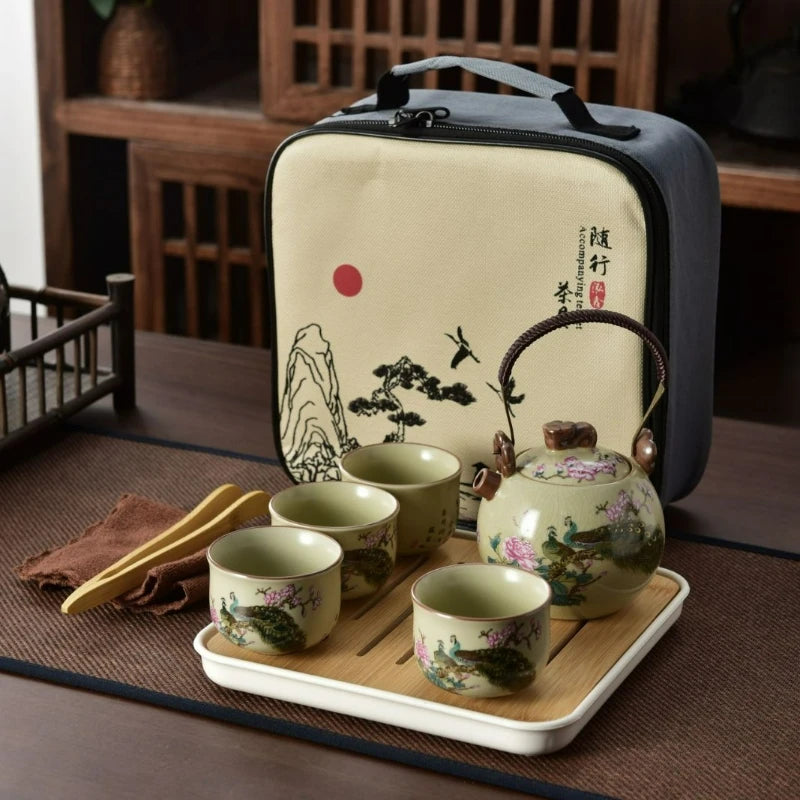 Willow Grove Travel Tea Set Collection – Ceramic Teapot and 4 Teacups Portable Tea Set with Case for Home, Gift and Outdoor Use