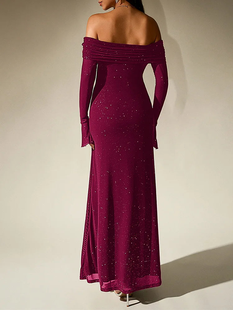 Aurevielle Off Shoulder Glitter Mesh Maxi Dress – Long Sleeve Bodycon Evening, Party & Wedding Guest Gown