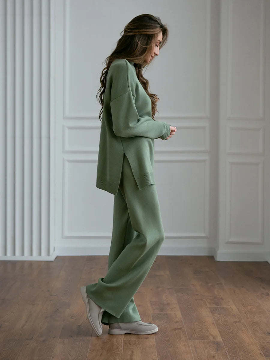 Zaneya Knit Co-Ord Lounge Set – Ribbed Turtle Neck Jumper and Wide Leg Trousers in Pink, White, Beige, Black or Green