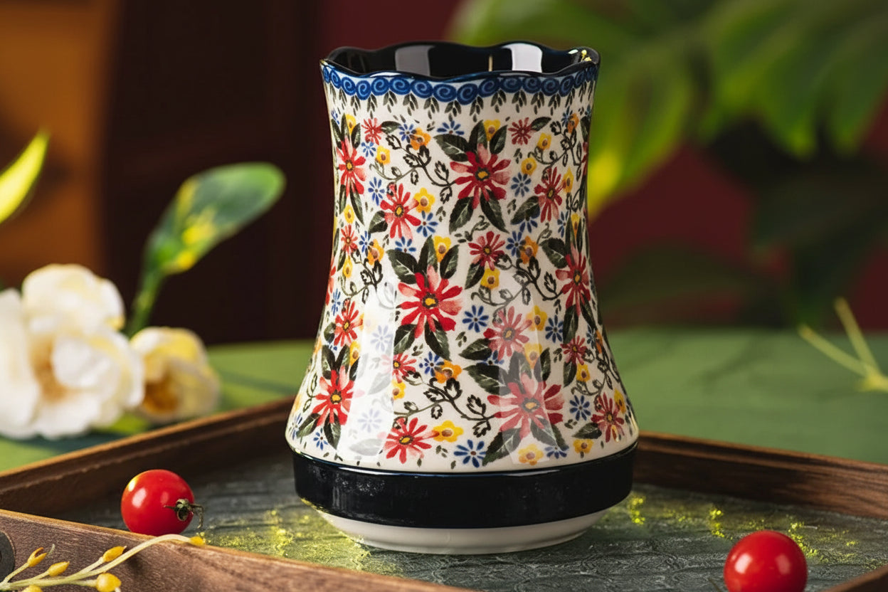 Floria Ceramic Utensil Holder – Floral Kitchen Utensil Caddy with Drain Base, Cutlery Holder, Spoon Fork Storage Organiser